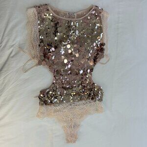 Free People Shimmering Sequin Bodysuit in Gold and Cream
